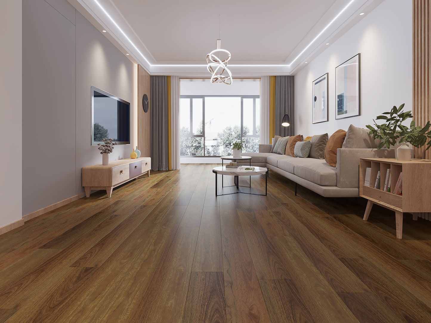 Modern living room with wooden flooring, furniture, and decor.